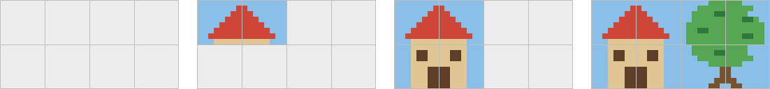 Four stages side by side: an empty 4x2 tile grid, then the two roof tiles filled in, then the whole house, then the full house-and-tree scene