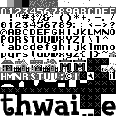 Thwaite pattern table 0, 256 tiles in a 16×16 grid: a full font and a row of little houses