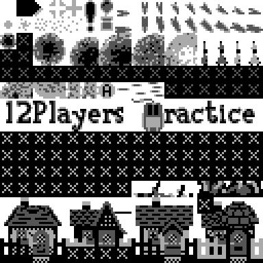 Thwaite pattern table 1, 256 tiles in a 16×16 grid: explosions, missiles, and detailed houses